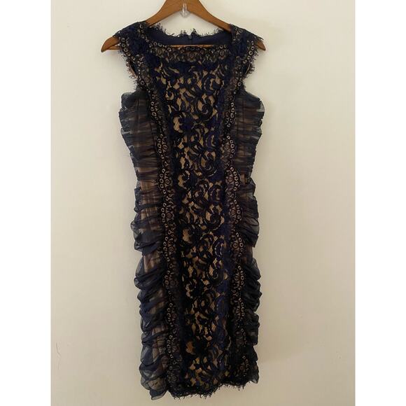 Tadashi Shoji 6 Navy Blue Lace Overlay Ruched Short Knee Length Dress EUC Formal - Picture 1 of 8